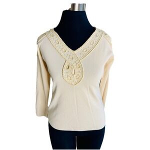 Ierri New York Ivory Large  Shoulder Cut Out Soft Ladies Top 3/4 Sleeve‎ Beaded